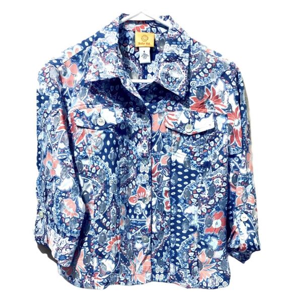 Ruby Rd. Women Button-Up Shirt Sz 6 Blue Multicolor Sheer Floral Collar Pockets‎ - Picture 1 of 10